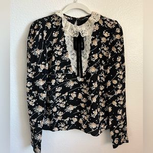 Kooples printed black blouse w lace collar velvet Size M